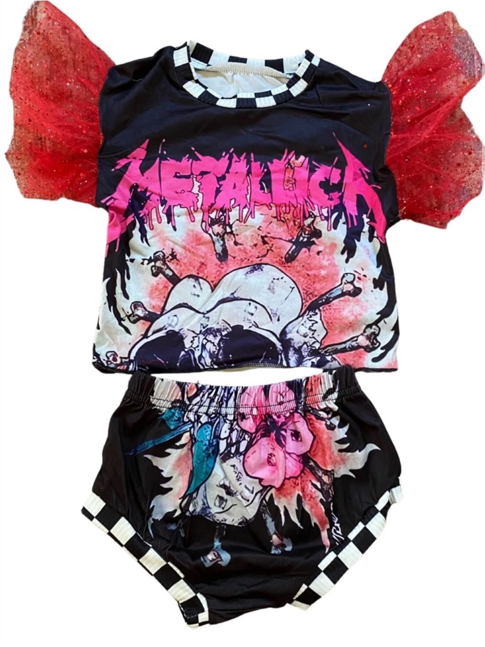Metallica Two-Piece Set with Red Glitter Puff Sleeves